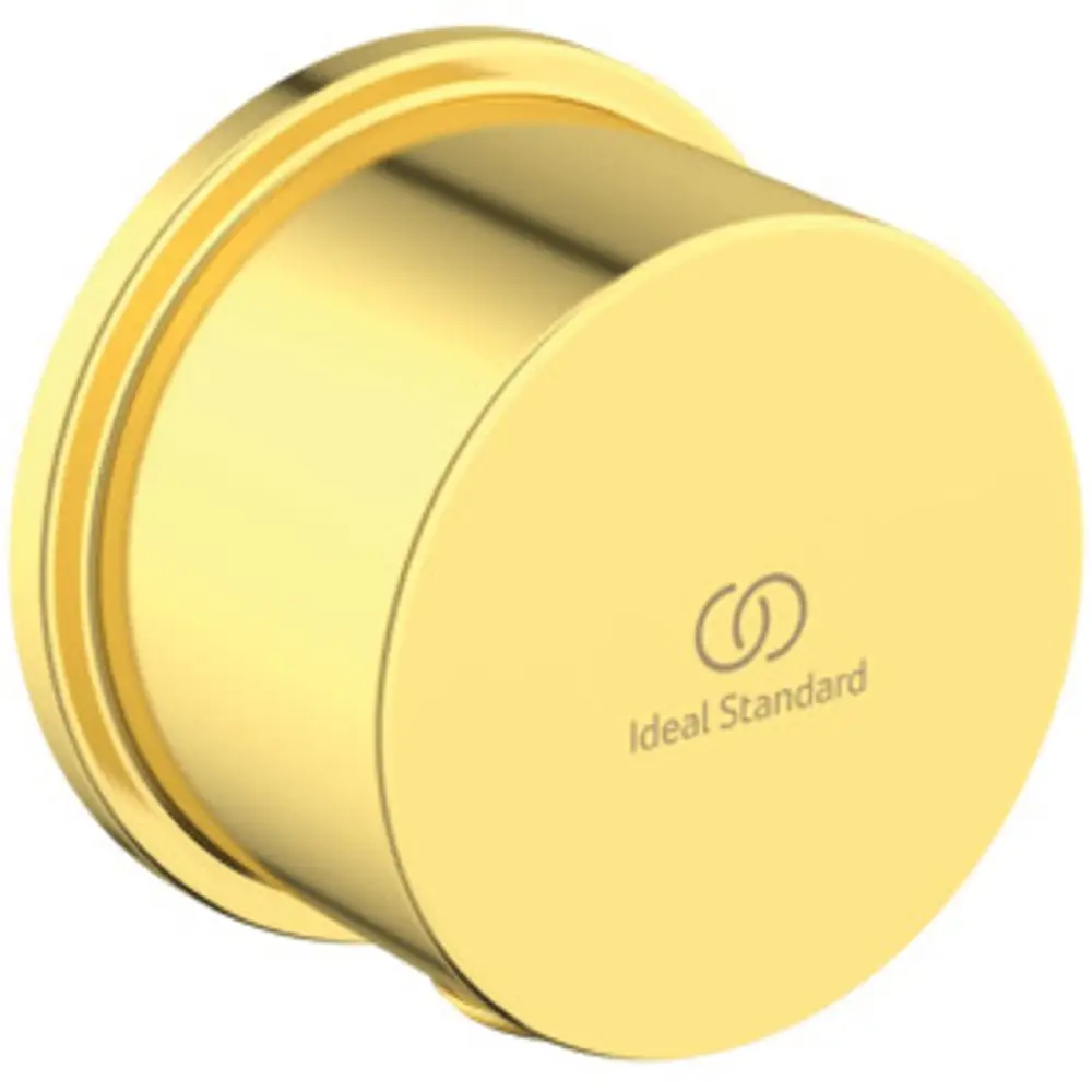 Goldfarbener Wandanschlussbogen mit der Marke Ideal Standard, geeignet für eine Brauseschlauchmontage. Runde Form mit Sicht auf das Logo.